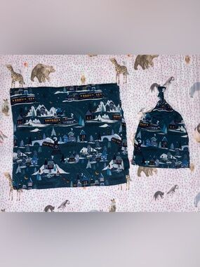 Little Sleepies Navy Winter Village Swaddle and Hat Set